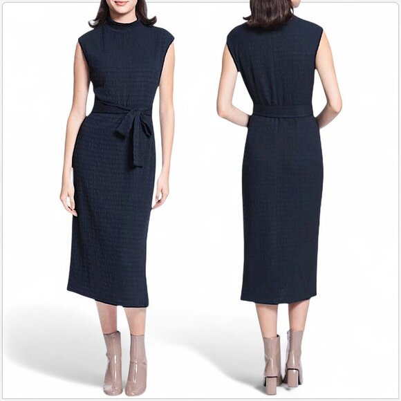 Maggy London Navy Mock Neck Crinkle Seersucker Knit Midi Dress NWT New 6P Petite - Picture 1 of 6